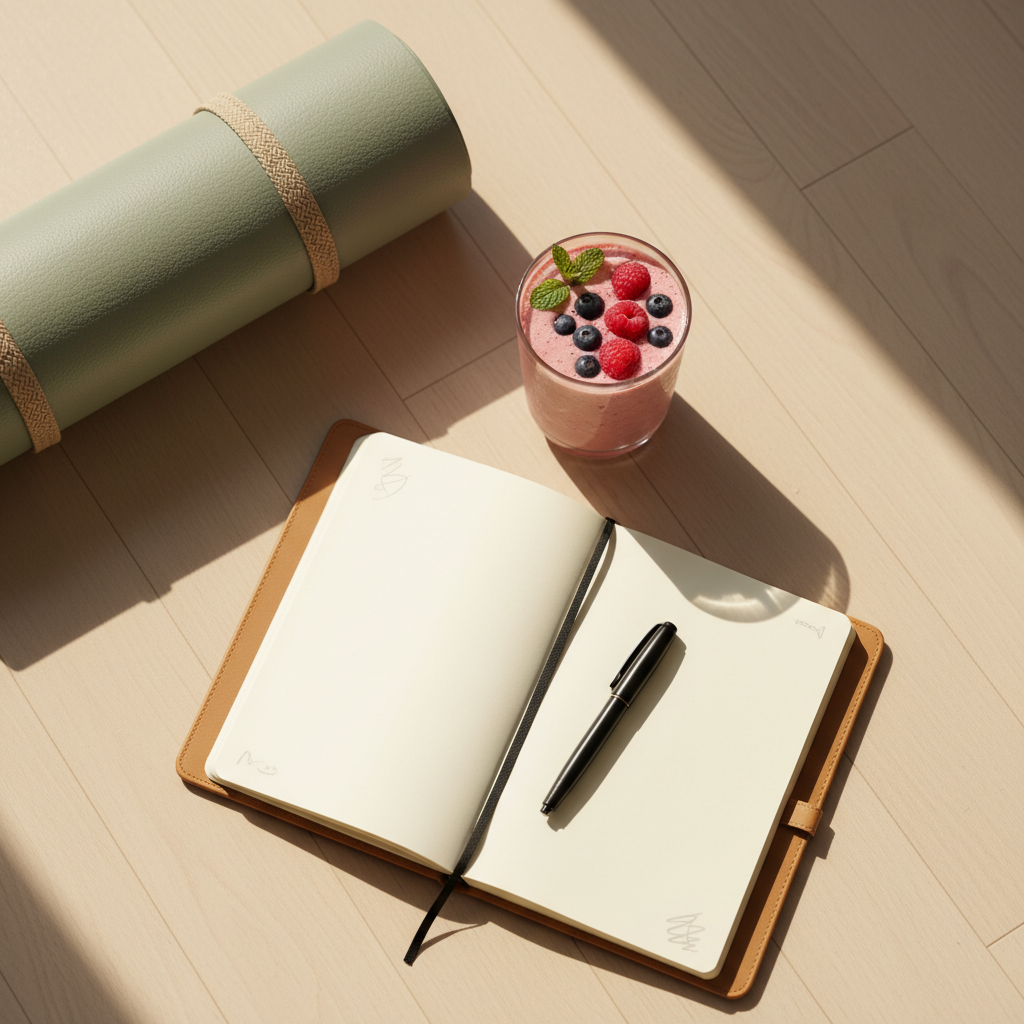 Morning wellness routine with yoga and healthy smoothie